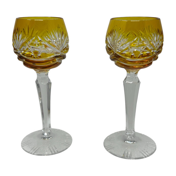 Nachtmann Traube Amber Yellow Cordial 4.75” Cut To Clear Crystal Glass Set 2 - Picture 9 of 16